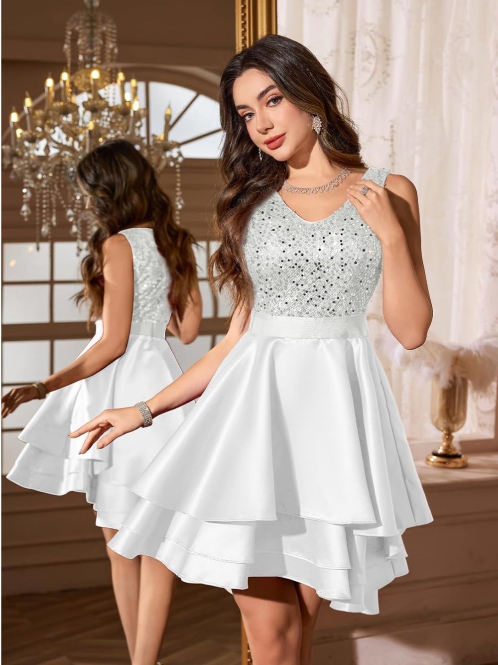 Elegant White Sleeveless Sequin Bodice Party Dress